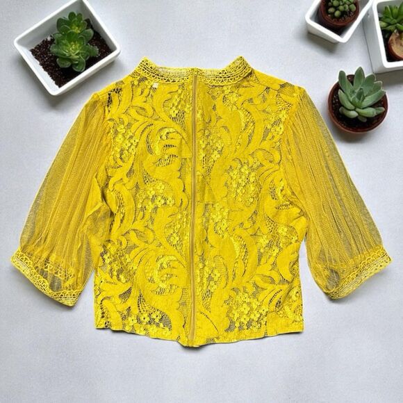 Peach Yellow Lace Top M Sheer Mesh Sleeve Back Zip Blouse Fairy Whimsy Goth - Picture 3 of 6